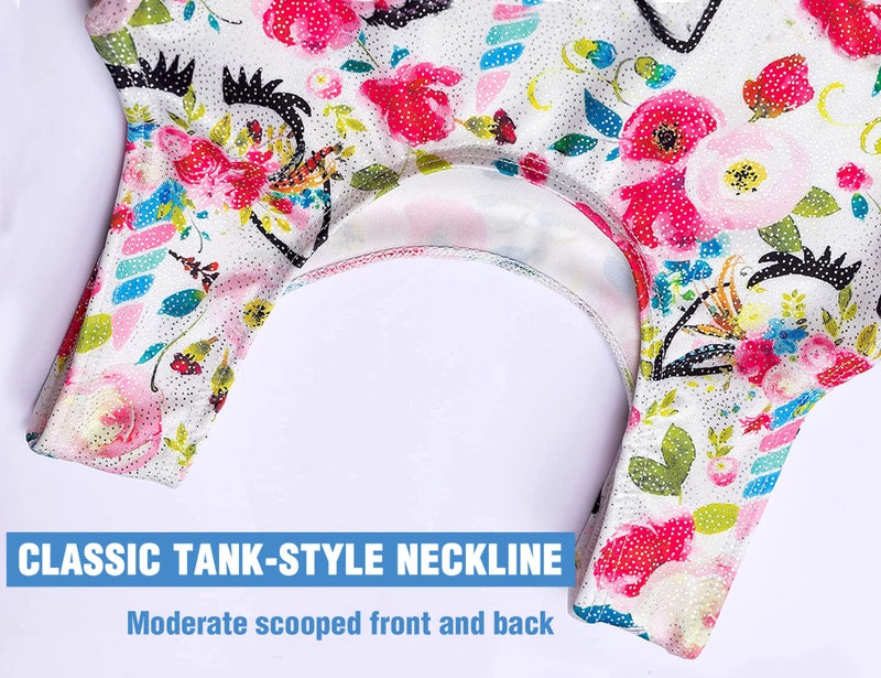 TENVDA Gymnastics Leotard for Girls 6-7 Years Old Sparkly White Unicorn Floral Print Biketards Tumbling Cheer Unitard - Image 3